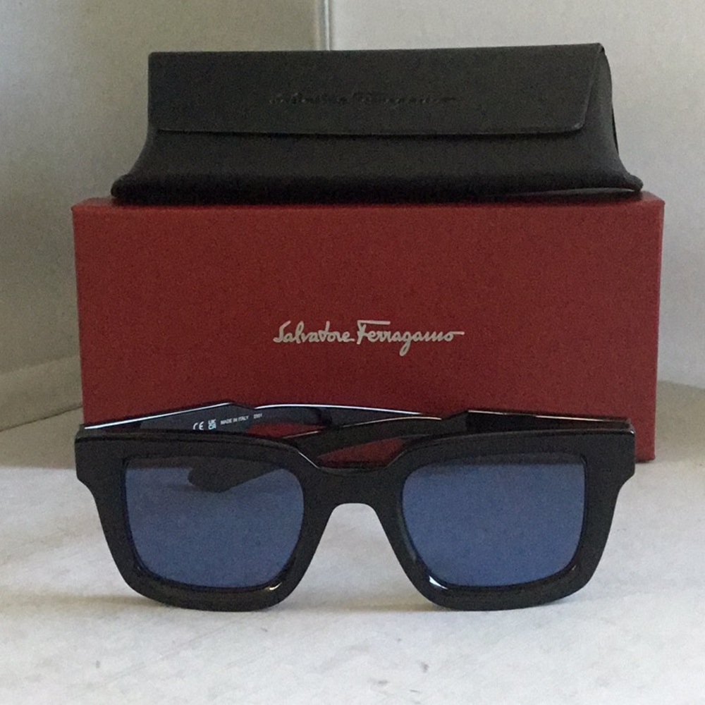 Salvatore Ferragamo Black Sunglasses with Blue Lenses